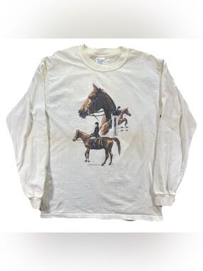 Vintage Horse Jumping AOP Long Sleeve T Shirt Men's Medium White Equestrian Y2K